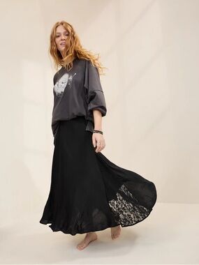 Aerie Satin Maxi Skirt with Lace Details